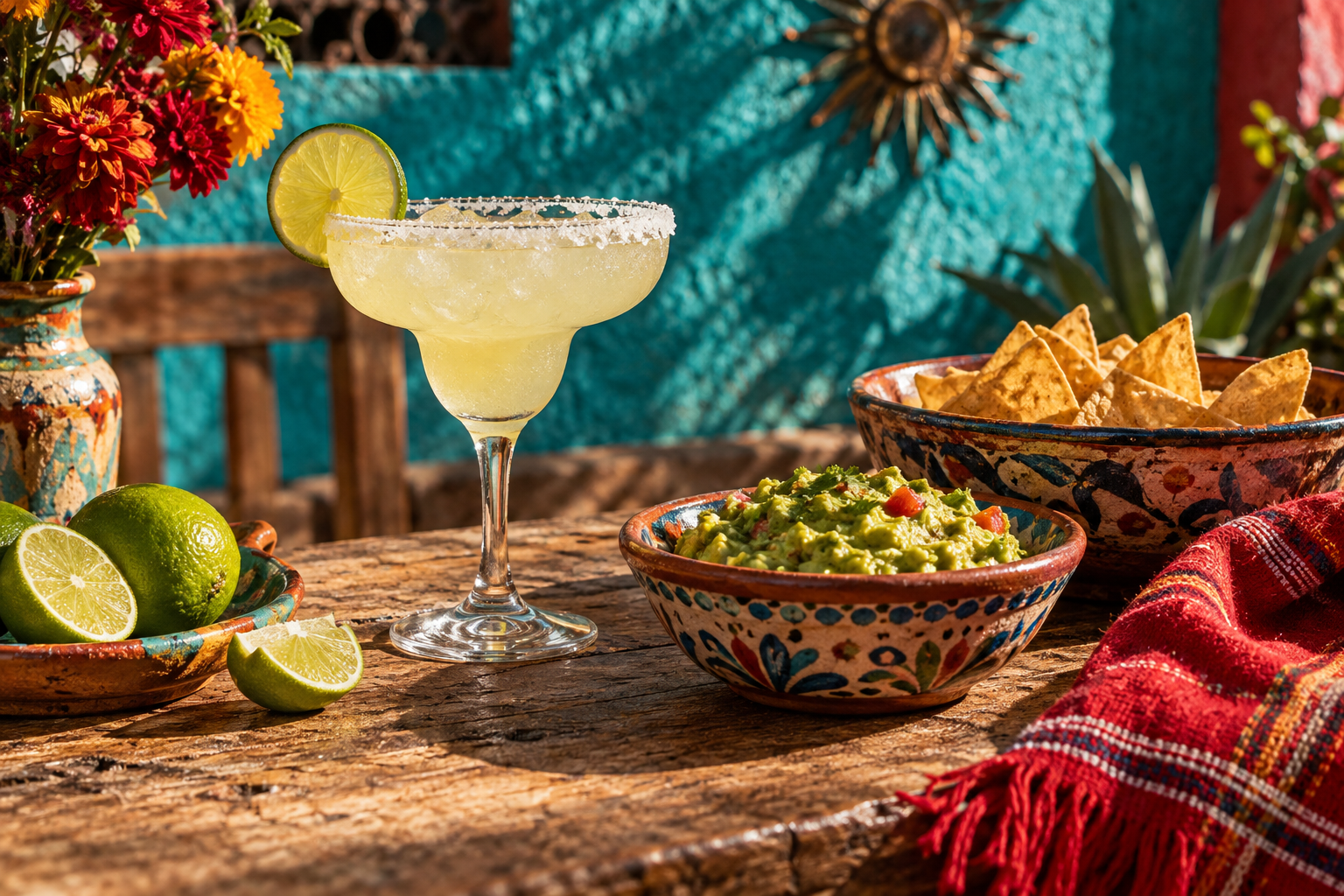 Illustratives KI-Motiv mit Margarita, Guacamole und Tortilla-Chips